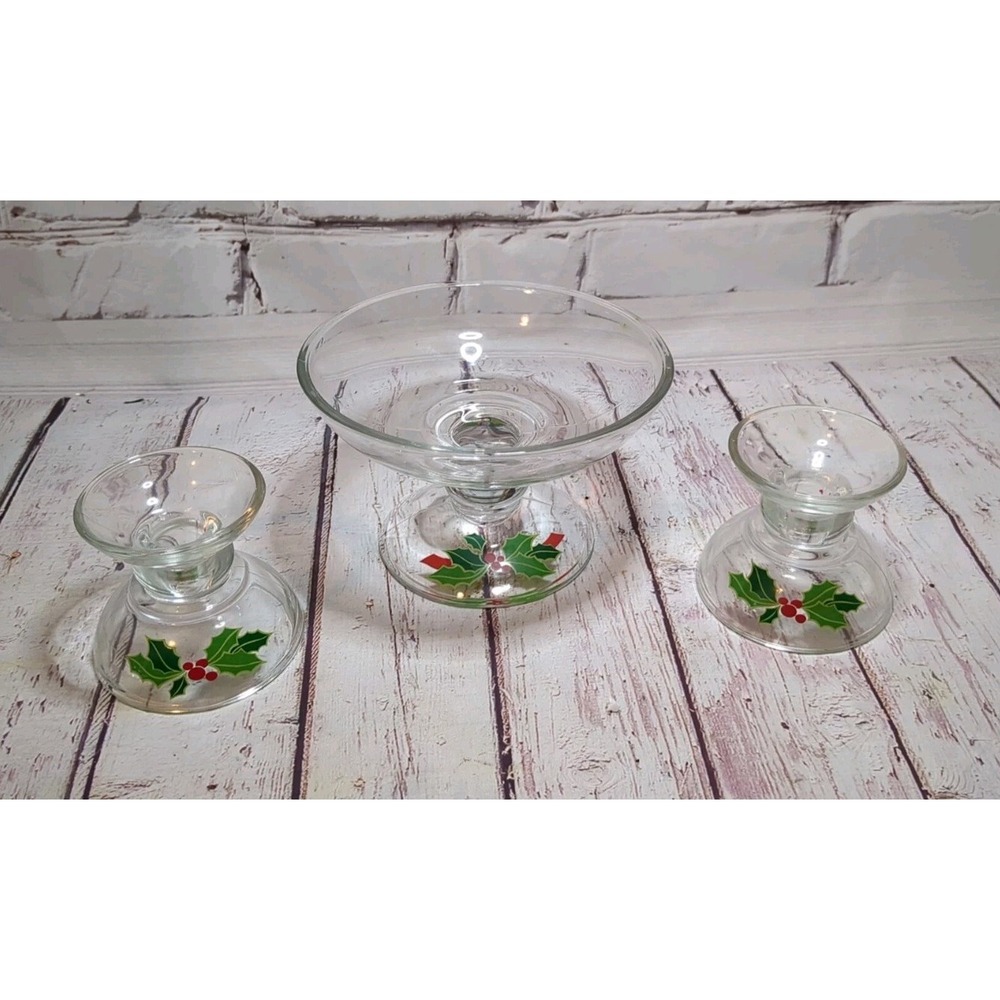 Vintage Avon Holiday‎ Hostess Collection Glass Candlestick Holders Compote Holly